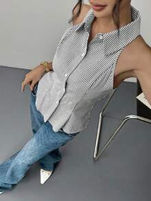 Siren Gaze 夏季，办公室着装，欧洲风，条纹无袖背心，波西米亚风通勤狂欢上衣，商务休闲和节日，2025年休闲时尚上衣，机场旅行，音乐会 - 黑與白 - 查看 5