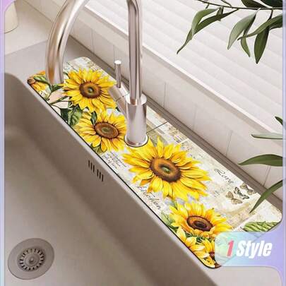 1 件向日葵图案硅藻土渗出水龙头吸水垫，浴室水龙头防溅垫，防潮防滑水龙头垫，厨房台面配件。