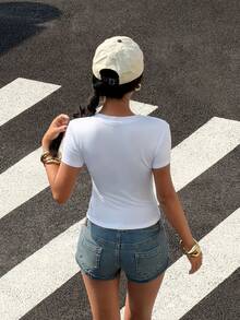 StreetHx Áo thun crop top mùa hè cho nữ, kiểu cao bồi miền Tây Y2K, tay ngắn màu trắng hở eo. - trắng - Xem 2