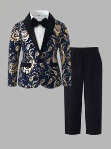 Bộ vest nam dài tay cổ ve áo in họa tiết kim loại và quần tây màu trơn dành cho bé trai. - Nhiều màu - Xem 8