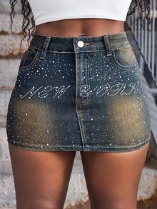 SHEIN BAE Spring/Summer Women's Letter Rhinestone Pocket Bodycon Denim Mini Skirt - Blue - View 4