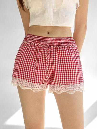 Ardnt Vintage Red Plaid Lace Patchwork Waist Design Low-Rise Fashionable Sexy Ladies Summer Shorts