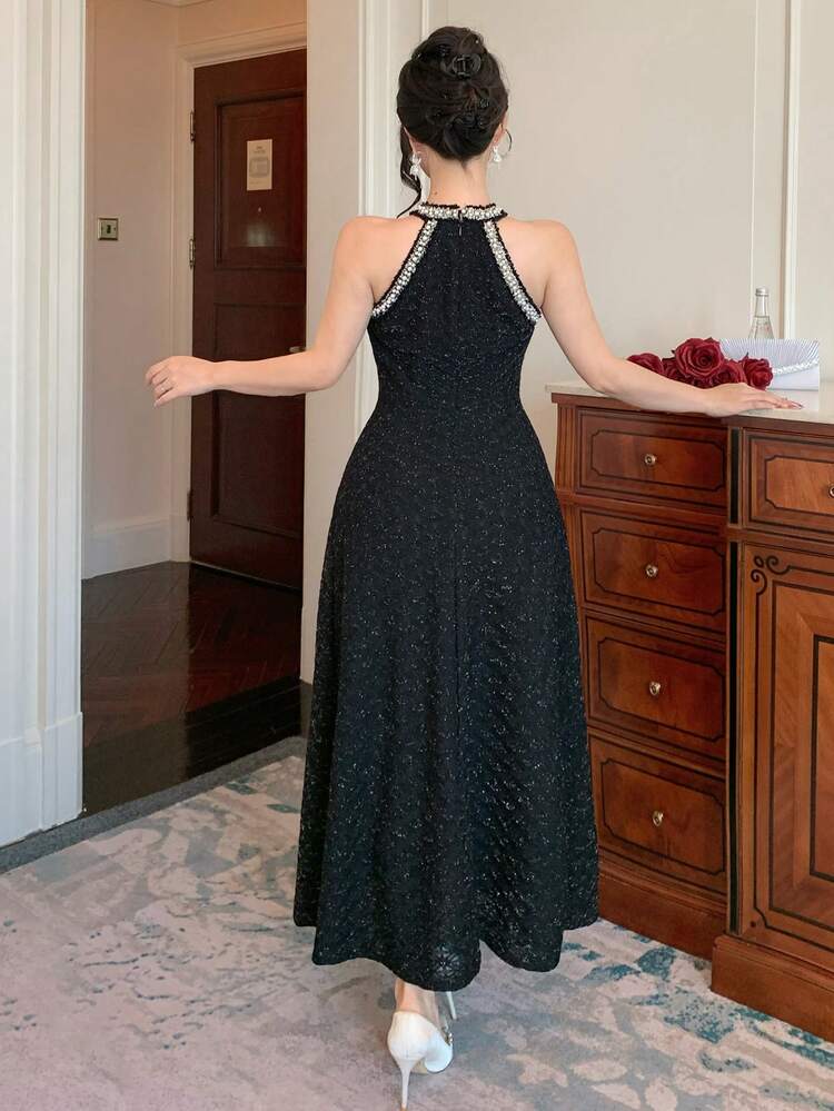 Faux Pearl Decor Sleeveless Halter Sequin Midi Party Dress For Women Wedding Guest Dress Sundress
