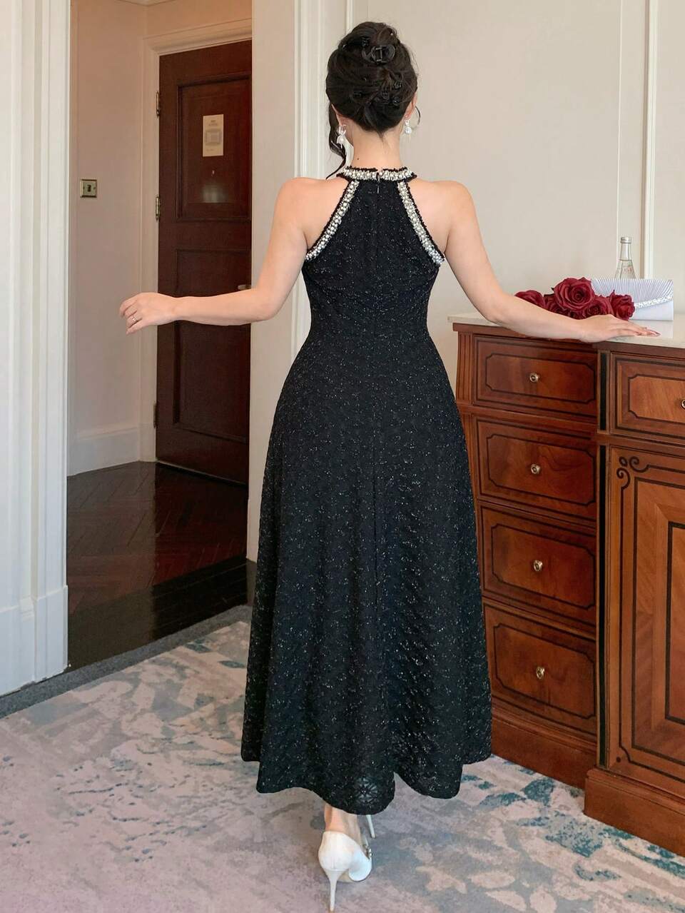 Faux Pearl Decor Sleeveless Halter Sequin Midi Party Dress For Women Wedding Guest Dress Sundress