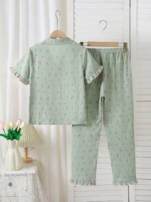 2件套少女碎花印花Polo领短袖上衣和休闲裤家居服套装 - 綠色 - 查看 2