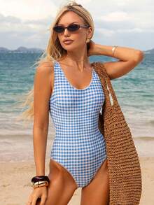 Swim Mod 2026SS New Women's Swimwear Arrival For Holiday, Date, Western, Cruise, Beach, Island, Road Trip, All Seasons, Music Festival, Boho Vacation,Bohemian Vacation, Chill Autumn Boho Y2K Women's Summer Vacation Beach Plaid Backless One-Piece Swimsuit Gingham Bathing Suit Checkered Bathing Suit Plaid Bathing Suit Blue Gingham Swimsuit Checkered Swimsuit Gingham One Piece Blue Checkered Swimsuit - Blue and White - View 3