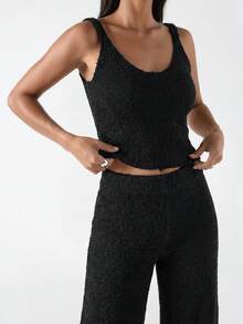 LYSMO 新款极简主义冬季女式黑色纹理纯色圆领毛衣背心和裤子休闲两件套，高个黑色针织两件套优雅女装，商务休闲女装，感恩节女装，新年和圣诞节毛衣。 - 黑色 - 查看 4