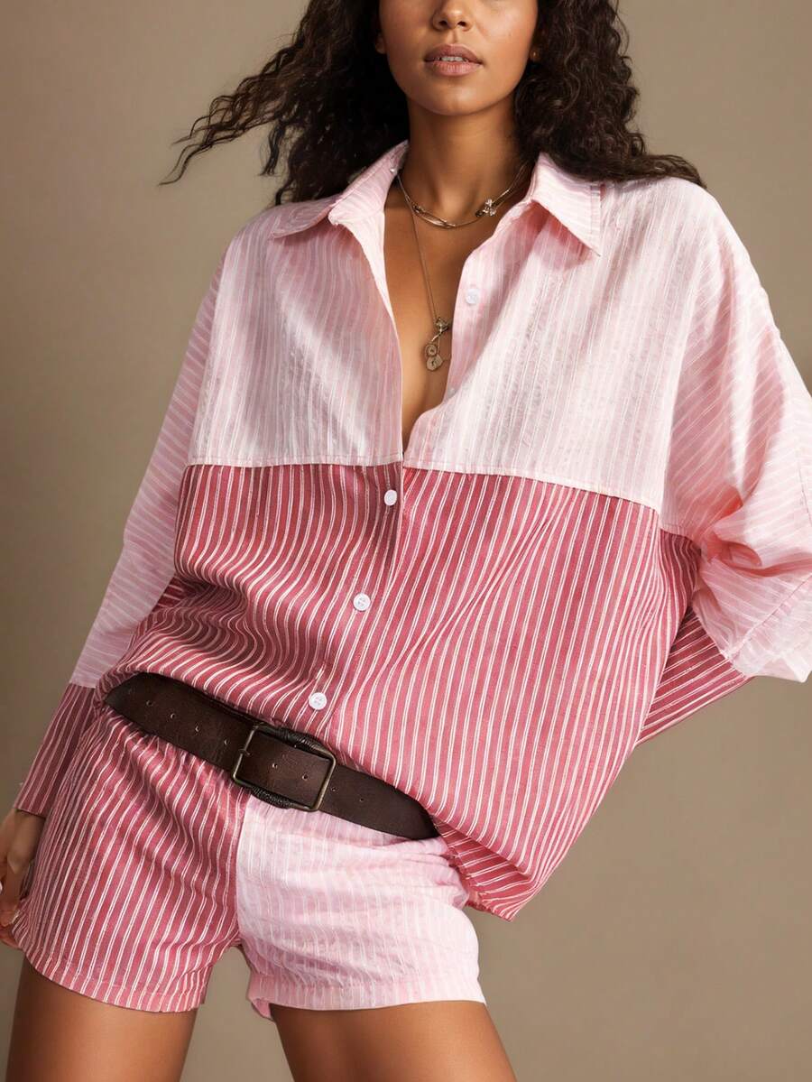 Chiquease 女士条纹拼接纽扣长袖衬衫和短裤两件套 - 彩色 - 查看 1