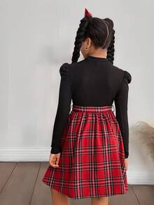SLAYR KIDS 青少年女孩罗纹针织格子拼布圆领束带修身长袖连衣裙，适合圣诞节、新年派对、返校季、学院风、情人节 - 紅色和黑色 - 查看 2