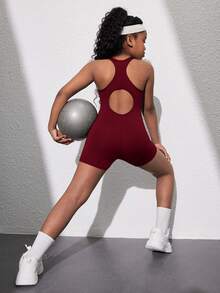 SHEIN Tween Girls' Casual Sports Yoga U-Neck Hollow Back Jumpsuit Activewear, Spring/Summer - Burgundy - View 6