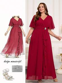 Ellevyn 大码优雅长款荷叶边连衣裙，红色，适合派对和休闲穿着，夏季大码曲线连衣裙。 - 紅色 - 查看 5