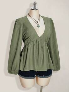 SHEIN ICON Áo nữ cỡ lớn kiểu retro gợi cảm đơn giản, thoải mái, thích hợp đi làm, đi biển, nghỉ mát, chất liệu vải xếp ly, cổ chữ V, tay phồng, eo ôm, màu xanh lá cây. - màu xanh lá - Xem 7