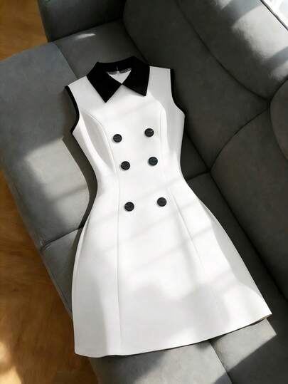 Franclia Vestido sin mangas de estilo académico elegante con bloques de color negro y blanco para mujeres