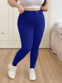 SHEIN EZwear 大码女式纯色口袋纽扣休闲日常裤 - 寶藍色 - 查看 9