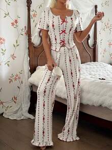 CottageSlumber 撞色碎花方领蕾丝边短袖睡衣套装 - 杏色 - 查看 4