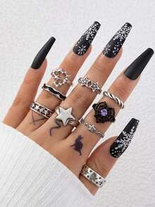 ROMWE 9件套欧美嘻哈小众五角星、十字架、爱心、双星戒指套装，男女时尚个性化十字架戒指，男女食指戒指 - 銀色B - 查看 2