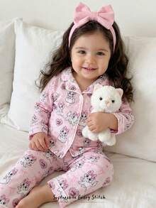 Cozy Pixies Bộ 2 món cho bé gái, gồm áo khoác cardigan cổ bẻ mềm mại in hình động vật hoạt hình và quần cạp chun. - Hồng - Xem 1