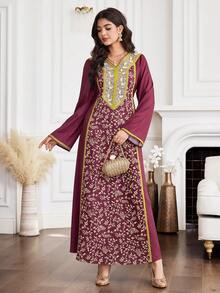 Al Najma 女士优雅花卉印花拼接缎带阿拉伯风格连衣裙，秋季 - 彩色 - 查看 5