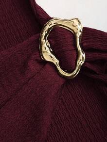 Sweetra Petite 娇小女款休闲通勤针织连衣裙，立领喇叭袖修身迷你连衣裙，秋冬款 - 酒紅色 - 查看 3