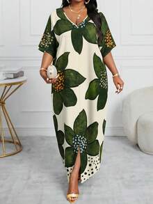 SHEIN Lady CURVE 春夏休闲优雅波西米亚风黑色编织V领直筒束腰连衣裙卡夫坦长款加大码连衣裙复活节连衣裙女士春季服装女士度假服装女士沙滩服装女士沙滩度假连衣裙婚礼宾客连衣裙女士商务休闲女士舞会礼服 - 彩色 - 查看 1