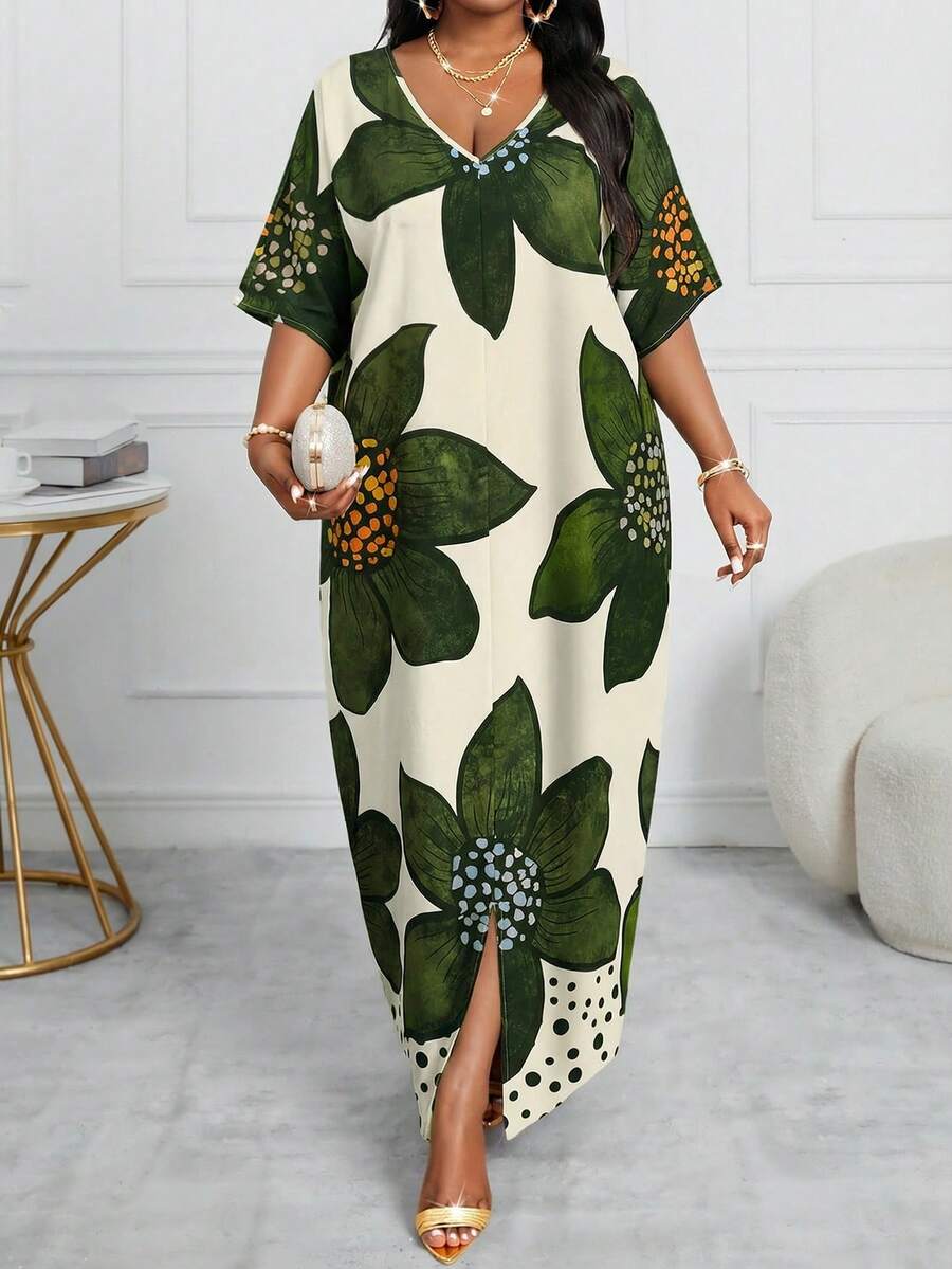 SHEIN Lady CURVE 春夏休闲优雅波西米亚风黑色编织V领直筒束腰连衣裙卡夫坦长款加大码连衣裙复活节连衣裙女士春季服装女士度假服装女士沙滩服装女士沙滩度假连衣裙婚礼宾客连衣裙女士商务休闲女士舞会礼服 - 彩色 - 查看 1