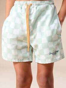 SUMWON 男童夏季棋盘格泳裤，带抽绳腰带和侧袋，沙滩泳裤 - 綠色 - 查看 2