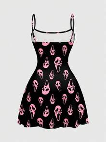 ROMWE Goth Mysterious Horror Mini Ghost Print Mini Dress For Women - Black - View 2
