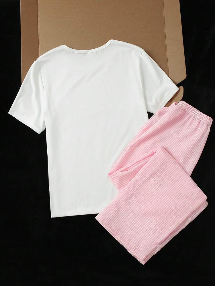 2pcs/Set Teenage Girls White Round Neck Loose Fit Top With Pink Pony Print & Striped Shorts, Comfortable Soft Fabric Casual Pajamas Set, Minimalist Style Pink Pajama Set - White - View 2