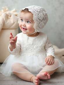 SHEIN 女婴洗礼服，圣诞蕾丝公主裙，配同款蕾丝帽，女婴摄影服装 - 白色 - 查看 4