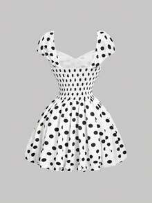 SHEIN MOD Rochie mini de vară pentru femei, casual, cu imprimeu cu buline, încrețit, bust și talie - Alb-negru - Vizualizare 5