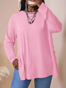 SHEIN CURVE+ Camiseta holgada de manga larga con cuello redondo, hombros caídos, bajo con abertura y unicolor, para mujer de talla grande, ropa de verano/otoño, CURVE PLUS - Rosa - Ver 5