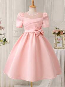 SHEIN Vestido de niña preadolescente con parches de malla, decoración de perlas y lazo - Rosa - Ver 6