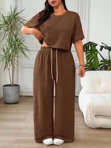 Solflare Chocolate Brown Plus Size Women Crew Neck Short Sleeve Top And Drawstring Waist Wide Leg Pants Casual 2 Piece Set, Summer Outfits - Chocolate Brown - View 6