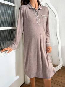 SHEIN Pregnant Women's Casual Letter Embroidered Front Button Contrast Trim Maternity Dress - Khaki - View 4