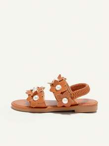 Cozy Pixies 1 pereche de sandale plate pentru copii, drăguțe fete, distracție prințesă, în aer liber, tridimensionale, flori cu perle, idilice, vacanță, la modă, versatile, petrecere, vară - Maro - Vizualizare 9