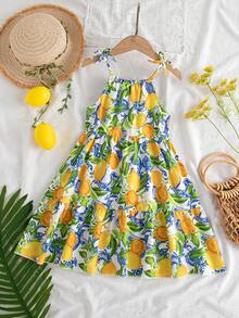 女童无袖柠檬印花连衣裙，度假风，时尚百搭，适合夏季海滩穿着 - 彩色 - 查看 4