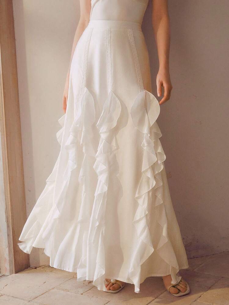 ELEGANT RUFFLE TRIM FLOWY MIDI SKIRT, VERSATILE WHITE, SUITABLE FOR SPRING/SUMMER
