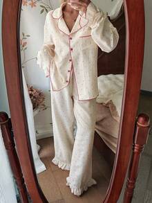 SHEIN Women's Spring/Autumn Heart Print Lapel Long Sleeve Pajama Set - Apricot - View 3