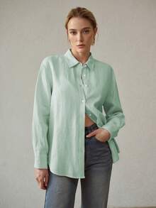 MOTF PREMIUM Áo sơ mi vải lanh đơn giản, thoải mái, màu trơn dành cho nữ, mùa hè. - màu xanh lá - Xem 6