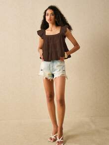 SHEIN Frenchy Women's Casual Solid Color Ruffle Hem Blouse, Summer - Coffee Brown - View 5