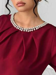 Elenzga Áo cánh dáng chữ A dài tay cổ tròn xếp ly đính hạt cỡ lớn dành cho nữ, dáng rộng thanh lịch, mặc hàng ngày, hẹn hò, tiệc tùng, đi làm - Đỏ - Xem 7