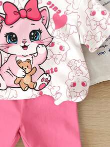 SHEIN 少女可爱卡通猫咪动物印花圆领宽松短袖T恤搭配紧身骑行短裤套装，适合春夏日常穿着 - 彩色 - 查看 5