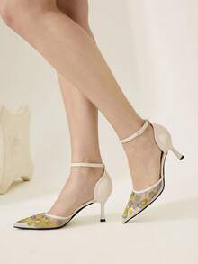 CUCCOO CHICEST Damen Spitze Zehen Blumen Stickerei Mesh Schnallen Design Elegante High Heels - Aprikosenfarben - Übersicht 4