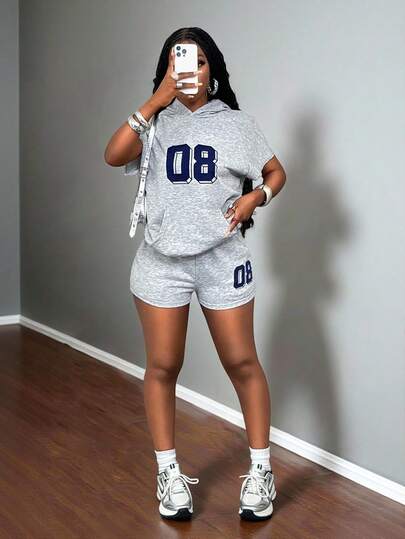 BamGleam Team Shorts, Casual Sports Shorts, Light Gray Linen Texture Elastic Waist, 3D Number 08 Print, Loose & Comfortable, Versatile Bottoms For Daily Wear Summer Shorts Set Plus Short Sets Outfits Y2k Short Set Women Short Set Women's Short Set