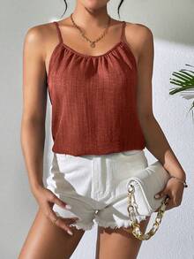 Balvessa Camiseta de tirantes plisada de unicolor casual para mujer, verano - Naranja Quemada - Ver 4