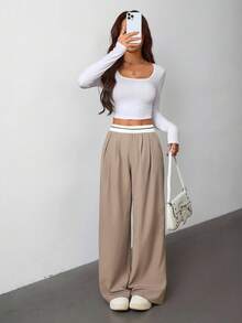 SHEIN PETITE 女士腰带缝线卡其色休闲优雅女士西装裤 - 卡其色 - 查看 6