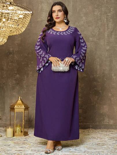 SHEIN Clasi 大码女式新年派对紫色刺绣修身连衣裙