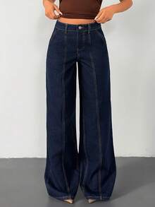 SHEIN High Waist Sewing Detailed Wideleg Jean - Dark Wash - View 4