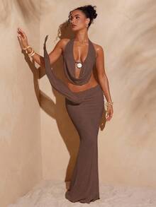 Hauture 女士夏季休闲度假纯色吊带上衣和鱼尾裙两件套 - 棕色 - 查看 4