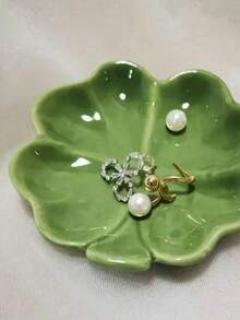 Ceramic Jewelry Tray With Floral Design, Tabletop Multipurpose Organizer For Cosmetics And Accessories, Nordic Style Clover Leaf And Leaf Shaped Storage Box For Engagement, Wedding, Birthday Gifts - 1pc, Jewelry Trays Gifts For Women - Green - View 6